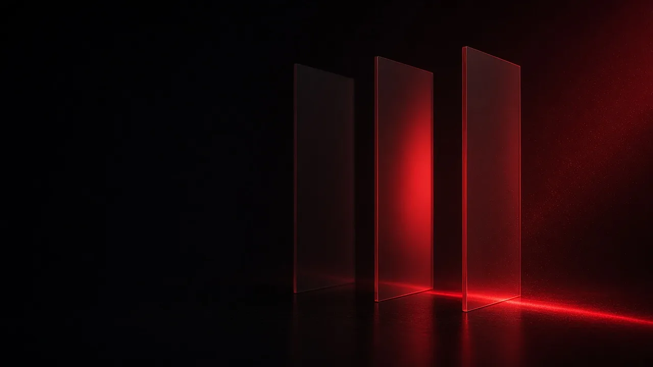 Three glass slabs on a dark stage: one dim, one steady, one bright red